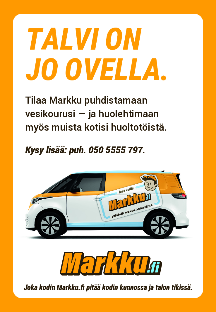 Markku.fi talvimainos - Tilaa Markku puhdistamaan vesikourusi ja huolehtimaan myös muista kotisi huoltotöistä